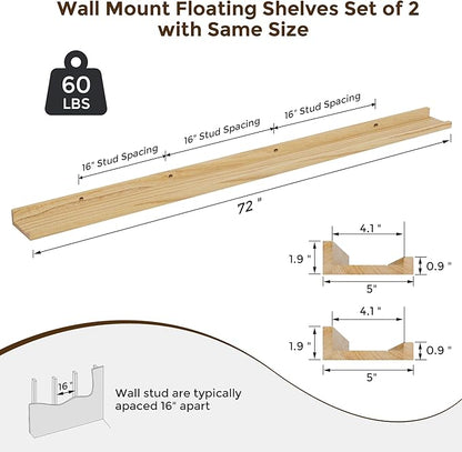 RICHFOCUS Floating Shelves for Wall, 72 inch Solid Wood Picture Ledge Shelf for Wall Storage, Nursery Book Shelves with Lip for Living Room Bathroom Bedroom Kitchen, Set of 2, Natural