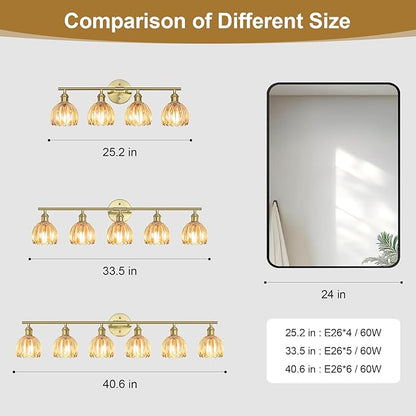 Vintage Bathroom Light Fixtures,6-Light Hardwired Vanity Lights with Amber Tulip Glass Shade,Gold Bathroom Vanity Light for Mirror Restroom,E26 Socket,40.55 in(Bulbs Not Included)