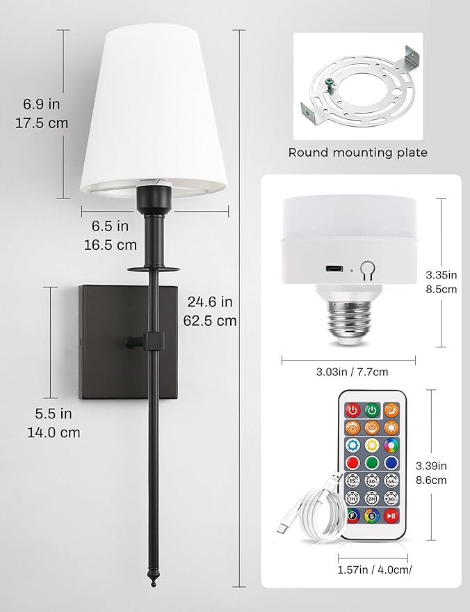 DORESshop Battery Operated Wall Sconce Set of 2, Black Rechargeable Wall Lights Remote, Sconce Wall Decor Set of 2, 7 Colors Wireless Sconces for Bedroom Living Room Hallway