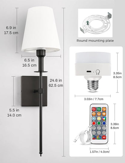 DORESshop Battery Operated Wall Sconce Set of 2, Black Rechargeable Wall Lights Remote, Sconce Wall Decor Set of 2, 7 Colors Wireless Sconces for Bedroom Living Room Hallway