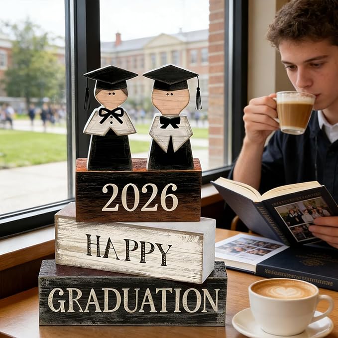 2026 Graduation Table Decorations Class of 2026 Senior Tiered Tray Decor Wooden Block Signs Farmhouse Congrats Grad Tabletop Party Centerpiece for Tables Wooden Sign for Home Decor