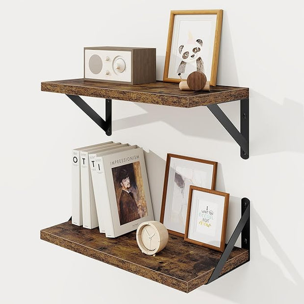 Floating Shelves, 8 Inch Deep Rustic Wood Wall Storage, 16W x 8D Wall Shelves Set of 2, Heavy Duty Metal Brackets, Industrial Book Shelf for Living Room, Kitchen, Bathroom, Bedroom, Brown