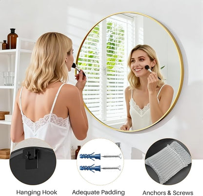 Bathroom Mirror for Wall, 20 Inch Round Mirror, Matte Gold Metal Framed Circle Vanity Mirror for Bathroom Bedroom Living Room Entryway, Anti-Rust, Tempered Glass, Hanging or Leaning