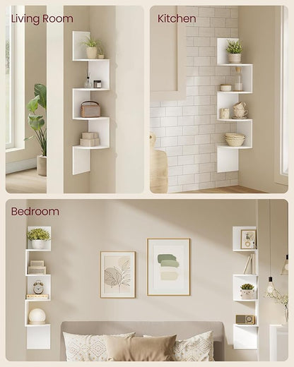 VASAGLE Set of 2, Corner Shelves Wall Mount, 4-Tier Floating Corner Bookshelves, Plant Shelves for Bedroom, Living Room, Bathroom, Home Office, Cloud White