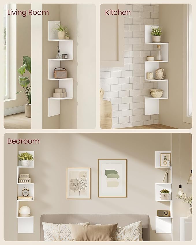 VASAGLE Set of 2, Corner Shelves Wall Mount, 4-Tier Floating Corner Bookshelves, Plant Shelves for Bedroom, Living Room, Bathroom, Home Office, Cloud White