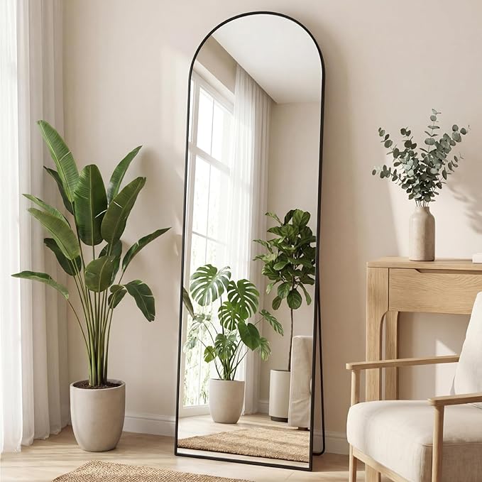 OLIXIS Arched Full Length Mirror 59"x16.3" for Bedroom, Full Body Mirror with Stand, Hanging or Leaning for Wall, Aluminum Alloy Thin Frame Floor Standing for Living Room, Long, Black