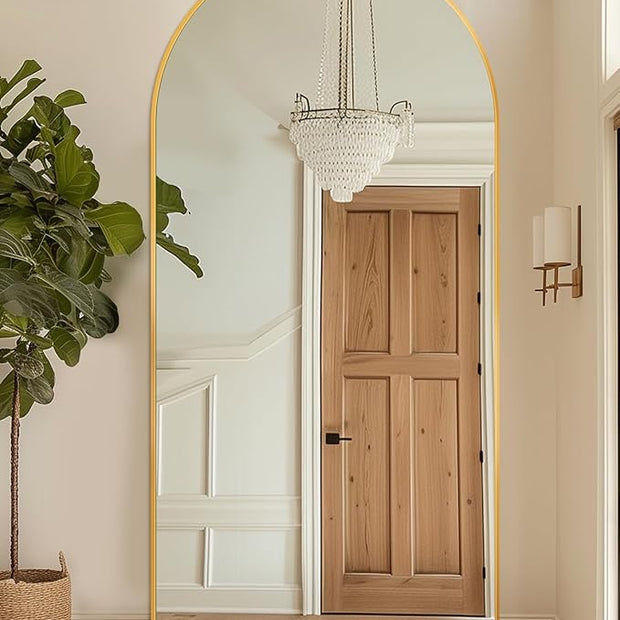 Full Length Mirror with Stand, 76"x34" Arched Full Body Mirror, Large Stand Up Mirrors, Aluminum Frame Floor Standing Mirrors, Freestanding Hanging Leaning Mounted for Bedroom Living Room, Gold
