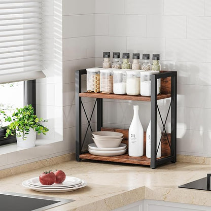 Giikin Counter Shelf Organizer, 2 Tier Kitchen Spice Rack for Countertop, Wood Coffee Counter Organizer for Home (Rustic Brown, L)
