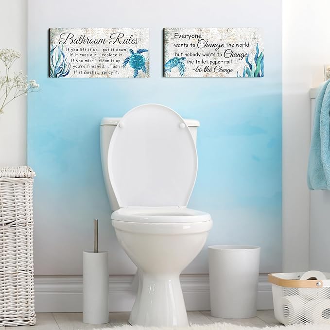 Jetec 2 Pieces Funny Bathroom Signs Bathroom Wall Decor Toilet Wall Accessories Farmhouse Toilet Rustic Wooden Signs, 12x6 Inch(Sea Turtles Style)