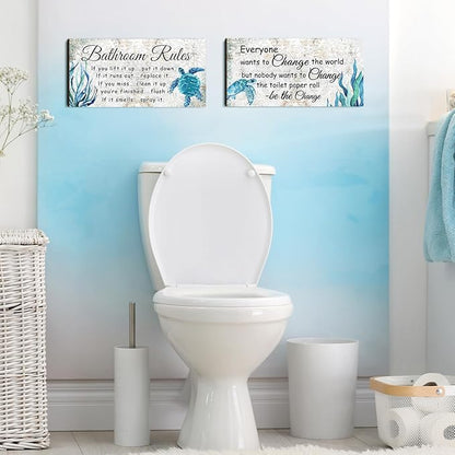 Jetec 2 Pieces Funny Bathroom Signs Bathroom Wall Decor Toilet Wall Accessories Farmhouse Toilet Rustic Wooden Signs, 12x6 Inch(Sea Turtles Style)
