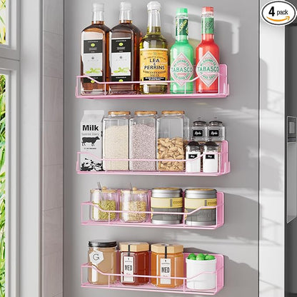Magnetic Spice Rack for Refrigerator, 4 Pack Metal Strong Magnet Spice Organizer Shelves, Magnetic Fridge Shelf for Kitchen Seasoning Organizer Gadgets, Home Organization and Storage (Pink)