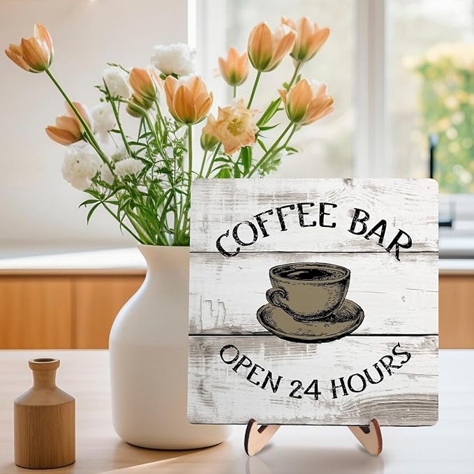 Coffee Bar Sign Plaque, Vintage Farmhouse Coffee Station Decor – 24 Hours Open Bar Plaque for Cafe, Home or Office, Rustic Kitchen Wall Art, CoffeeShop Accessories