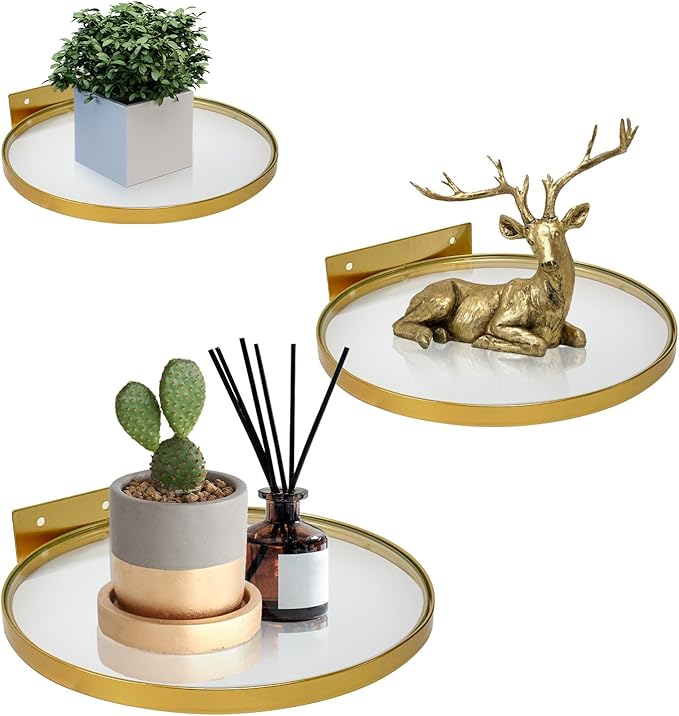 Cityelf Floating Shelves Wall Mounted Wall Decor Iron Glass Hanging Shelf Home Decor Set of 3 Display Ledge Shelves for Living Room Bedroom Office-Gold