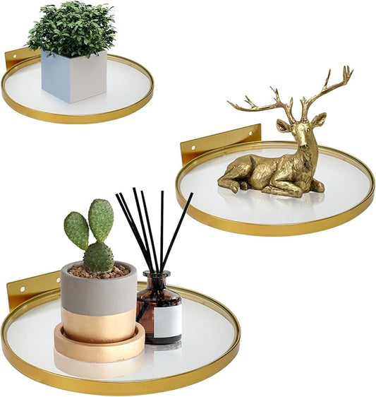 Cityelf Floating Shelves Wall Mounted Wall Decor Iron Glass Hanging Shelf Home Decor Set of 3 Display Ledge Shelves for Living Room Bedroom Office-Gold