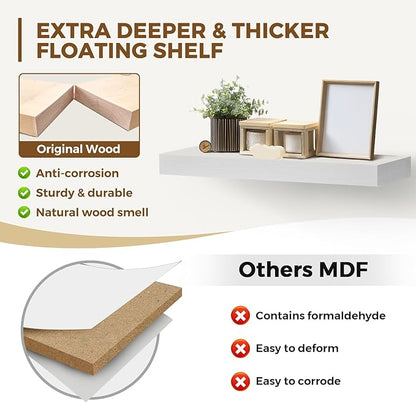 24x8x1.6 inch Floating Shelves Set of 2 – Solid Wood Rustic White Wall Mounted Shelf for Kitchen, Bathroom, Living Room
