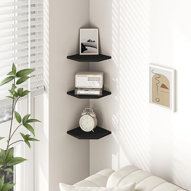 Fun Memories Corner Shelf Wall Mount, Floating Corner Shelves, Set of 3 Corner Wall Shelf Organizer, Rustic Wood Wall Storage Display Shelves for Living Room Bedroom Bathroom Kitchen, Classic Black