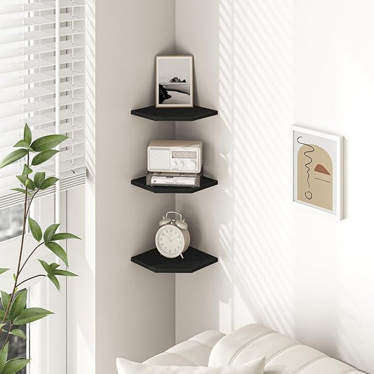 Fun Memories Corner Shelf Wall Mount, Floating Corner Shelves, Set of 6 Corner Wall Shelf Organizer, Rustic Wood Wall Storage Display Shelves for Living Room Bedroom Bathroom Kitchen, Classic Black
