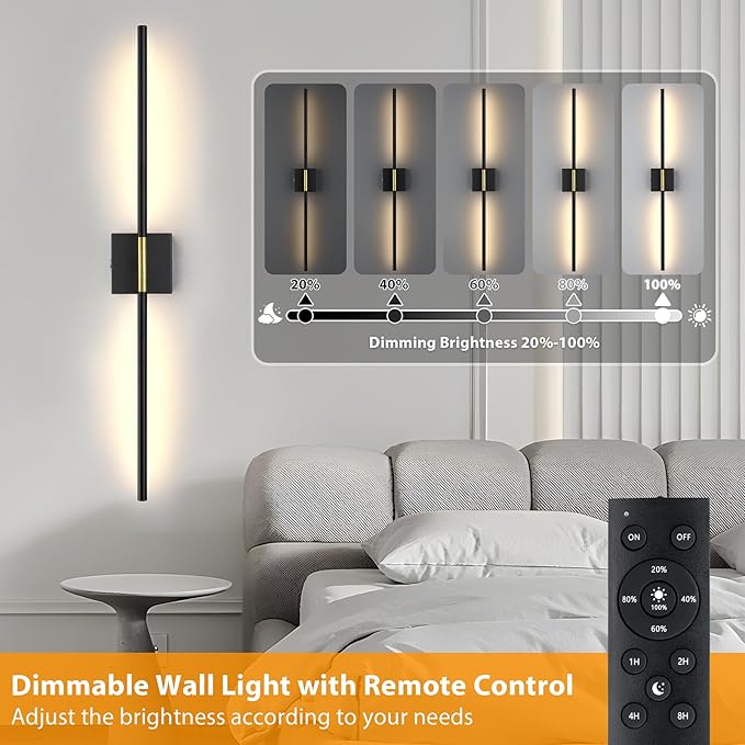 Battery Operated Wall Sconces Set of 2, Dimmable Battery Wall Sconce with Remote Control, Black Gold LED Rechargeable Sconces, 36 Inch Modern Wireless Wall Lights for Bedroom, Living Room