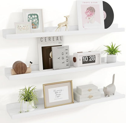 RICHFOCUS Floating Shelves for Wall, 36 inch Solid Wood Picture Ledge Shelf for Wall Storage, Nursery Book Shelves with Lip for Living Room Bathroom Bedroom Kitchen, Set of 3, Washed White