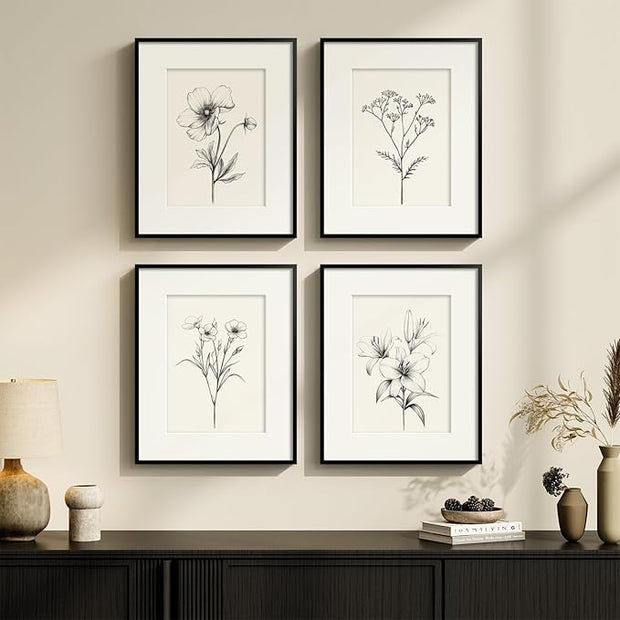Framed Black and White Botanical Wall Art for Bathroom, 4 Piece Minimalist Floral Plant Artwork for Walls, Vintage Farmhouse Flower Picture Prints for Bedroom Kitchen Living Room Wall Decor, 8x10 Inch