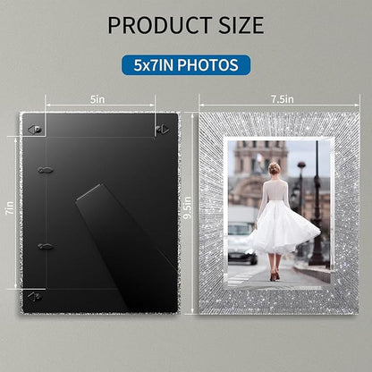 5x7 Picture Frame Glass 2 Pack, Sparkly Glitter Photo Frame 5 x 7 Mirror Crystal Wedding Gift Wall and Tabletop Display