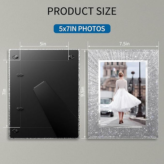 5x7 Picture Frame Glass 2 Pack, Sparkly Glitter Photo Frame 5 x 7 Mirror Crystal Wedding Gift Wall and Tabletop Display