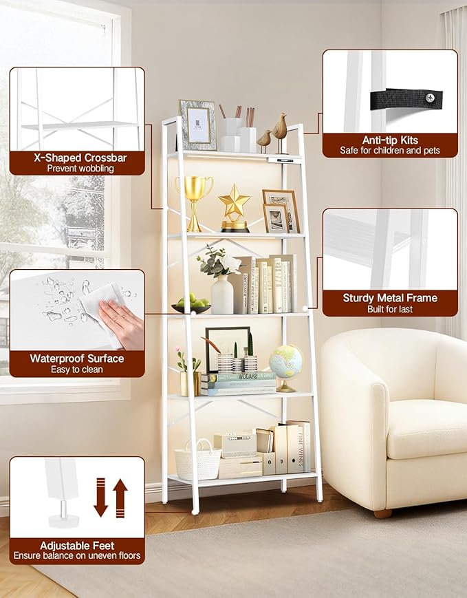 5-Tier Wide Ladder Shelf with LED Lights, Touch & Remote Control, 3 Color Temperatures, Dimmable Tall Corner Standing Bookcase, Metal Wood Display Shelf for Living Room, Bedroom(White)