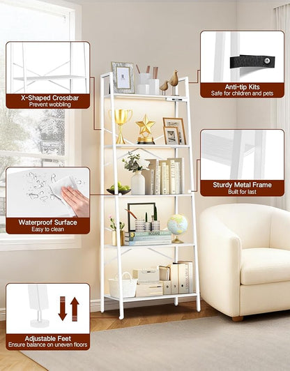 5-Tier Wide Ladder Shelf with LED Lights, Touch & Remote Control, 3 Color Temperatures, Dimmable Tall Corner Standing Bookcase, Metal Wood Display Shelf for Living Room, Bedroom(White)