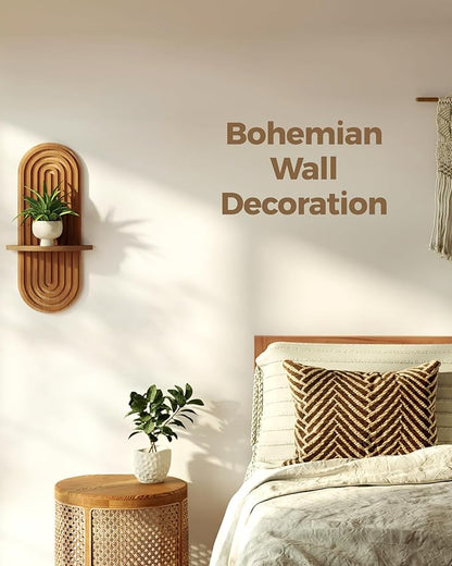 Bamworld Boho Wall Decor Brown Plant Wall Shelf, Mid Century Modern Decor Hanging Plant Shelf, 1-Tier Bamboo Floating Shelves for Home Bathroom Bedroom Living Room Holding Planter Decoration Brown