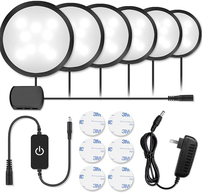 YGS-Tech LED Under Cabinet Lighting Kit, 1020 Lumens LED Puck Light, 5000K Daylight White, CRI90+, Touch Dimming, Black Trim All Accessories Included, for Kitchen, Closet Lights, Safe Light, 6-Pack