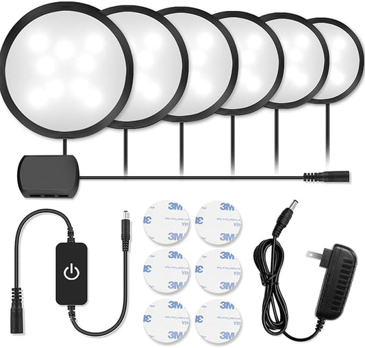 YGS-Tech LED Under Cabinet Lighting Kit, 1020 Lumens LED Puck Light, 5000K Daylight White, CRI90+, Touch Dimming, Black Trim All Accessories Included, for Kitchen, Closet Lights, Safe Light, 6-Pack