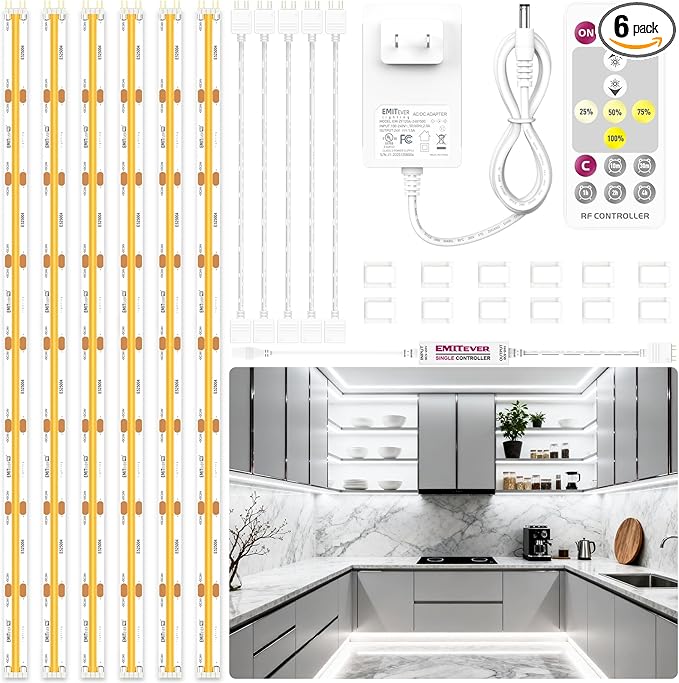 EMITEVER Under Cabinet Lighting kit, 6 PCS COB LED Strip Lights 5000K Natural White, UL Listed Dimmable Led Lights Strip for Kitchen Cabinet, Counter, Shelf, with Remote & Adapter, Timing, 9.8ft