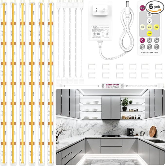 EMITEVER Under Cabinet Lighting kit, 6 PCS COB LED Strip Lights 5000K Natural White, UL Listed Dimmable Led Lights Strip for Kitchen Cabinet, Counter, Shelf, with Remote & Adapter, Timing, 9.8ft