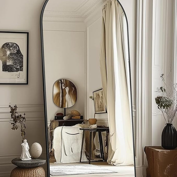 Antok Arched Full Length Mirror, 58"x19" Black Metal Frame Floor Mirror for Bedroom Living Room, Freestanding/Wall Mount/Leaning
