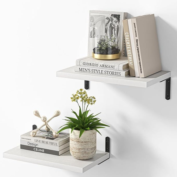 Marsmiles Extra Wide Floating Shelves for Wall, 16x8 Inch Natural Wood Grain Bookshelves, Heavy Duty Mounted Shelving for Bathroom, Kitchen, Living Room, Bedroom,Set of 2，White
