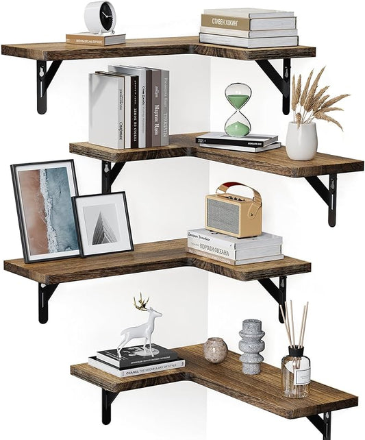 Amada HOMEFURNISHING Corner Floating Shelves, Set of 4 Corner Wall Shelves, Shelves for Wall Decor, Corner Wood Shelves for Home Decor, Office, Bedroom, Bathroom, Laundry Room, Kitchen, Brown