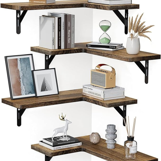 Amada HOMEFURNISHING Corner Floating Shelves, Set of 4 Corner Wall Shelves, Shelves for Wall Decor, Corner Wood Shelves for Home Decor, Office, Bedroom, Bathroom, Laundry Room, Kitchen, Brown
