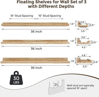 RICHFOCUS Floating Shelves for Wall, 36 inch Solid Wood Picture Ledge Shelf for Wall Storage, Nursery Book Shelves with Lip for Living Room Bathroom Bedroom Kitchen, Set of 3, Carbonized Black
