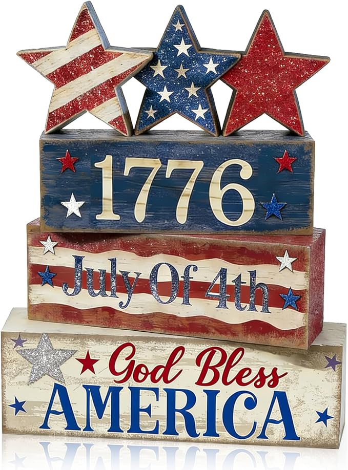 4th of July Table Decorations Patriotic Memorial Day Tiered Tray Decor Wooden Star Block Signs Independence Farmhouse 250th July Fouth Centerpiece for Tables Wooden Sign for Home Decor