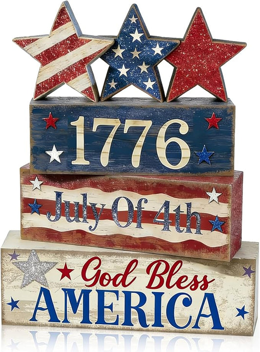 4th of July Table Decorations Patriotic Memorial Day Tiered Tray Decor Wooden Star Block Signs Independence Farmhouse 250th July Fouth Centerpiece for Tables Wooden Sign for Home Decor