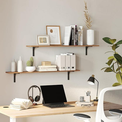 DINZI LVJ Long Wall Shelves, 31.5 Inch Wall Mounted Shelves Set of 2, Easy-to-Install, Wall Storage Ledges with Sturdy Metal Brackets for Living Room, Bathroom, Bedroom, Kitchen, Rustic Brown | Easy-to-Install, Wall Storage Ledges, Living Room, Bathroo...