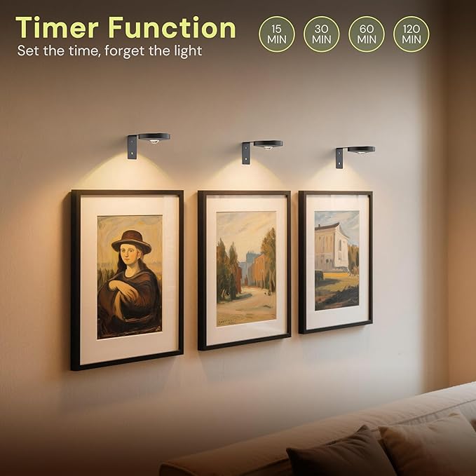 L LOHAS LED Black Wireless Picture Lights for Wall, 3 Pack Magnetic Rechargeable 1200mAh Battery Operated Picture Light with Remote & Timer, Dimmable 3CCT Art Light for Paintings, Frames, Gallery