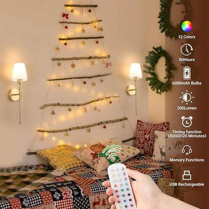Fabric Wall Sconce Battery Operated Set of 2, Rechargeable Wall Lights with 5000mAh RGB Dimmable Bulb, 12 Colors Wall Sconces for Bedroom Living Room, Gold