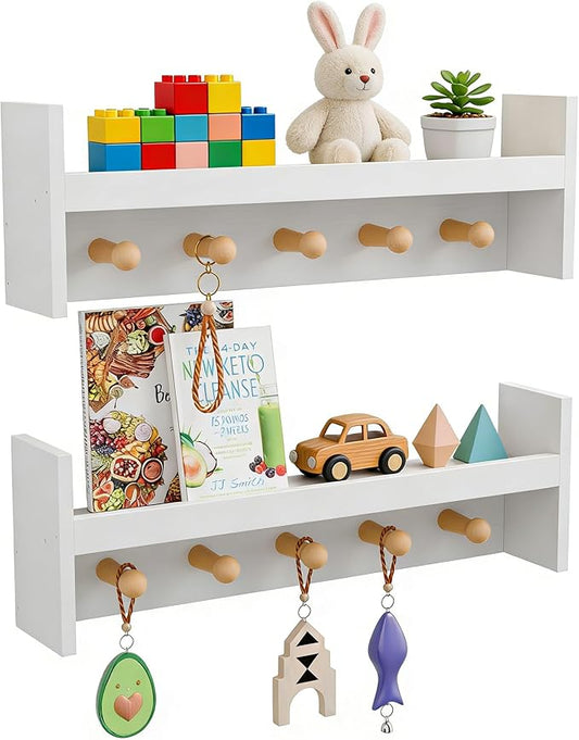 Nursery Floating Shelves Set of 2 - Pine Wood Kids Shelves, Wall Shelf with Hooks, 24 Inches Floating Shelves for Wall Storage, Nursery Shelves for Kids Room, Bedroom, Entryway(White)