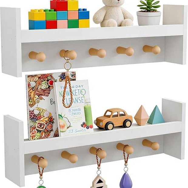 Nursery Floating Shelves Set of 2 - Pine Wood Kids Shelves, Wall Shelf with Hooks, 24 Inches Floating Shelves for Wall Storage, Nursery Shelves for Kids Room, Bedroom, Entryway(White)