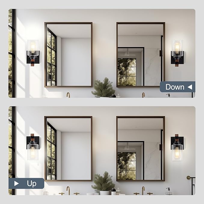 Farmhouse Wall Sconces 2-Pack, Wired Sconces Wall Lighting with Glass Shade, Decor Set of Two for Bedroom Bathroom Livingroom, Round-Wired