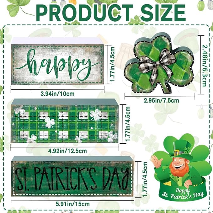 DIYDEC 4Pcs St.Patrick's Day Table Decoration Shamrocks Wooden Block Signs Rustic St. Patrick Tiered Tray Decor Happy St.Patrick's Day Centerpiece Sign for Farmhouse Holiday Tabletop Home Party Decor