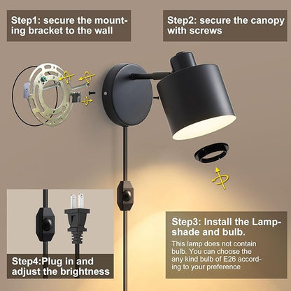 LIGHTESS Plug in Wall Sconces Set of 2 with Switch, 350° Rotatable Dimmable Corded Wall Sconce, Black Wall Lamps for Bedroom Living Room Hallway Kitchen Bedside (Bulb Not Included)