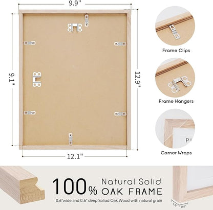 puthiac 9x12 Solid Oak Wood Picture Frame, Fits 6x8 with Mat or 9x12 Without Mat, Wall or Tabletop Display with Stand, Vertical or Horizontal, Plexi Front, 3 Pack, Natural Oak