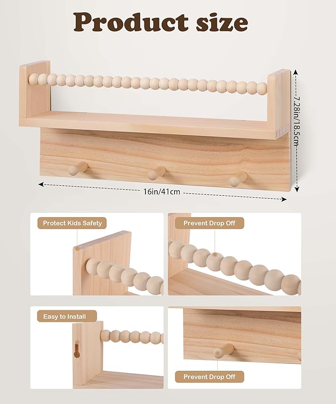 BOMID Wall Bookshelves,Set of 4 Natural Wood Floating Bookshelf,Nursery Shelves,Floating Book Shelves for Wall(Burlywood)